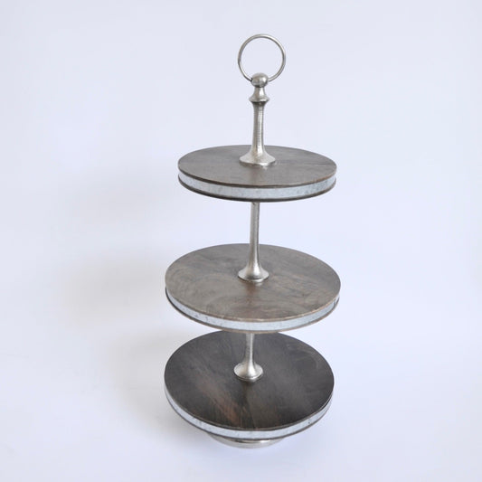 Silver metal + wood 3 tier serving stand