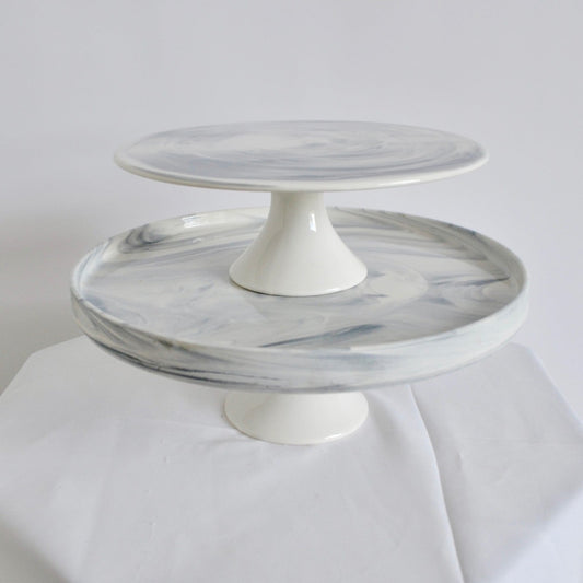Blue + white marbled round cake stand