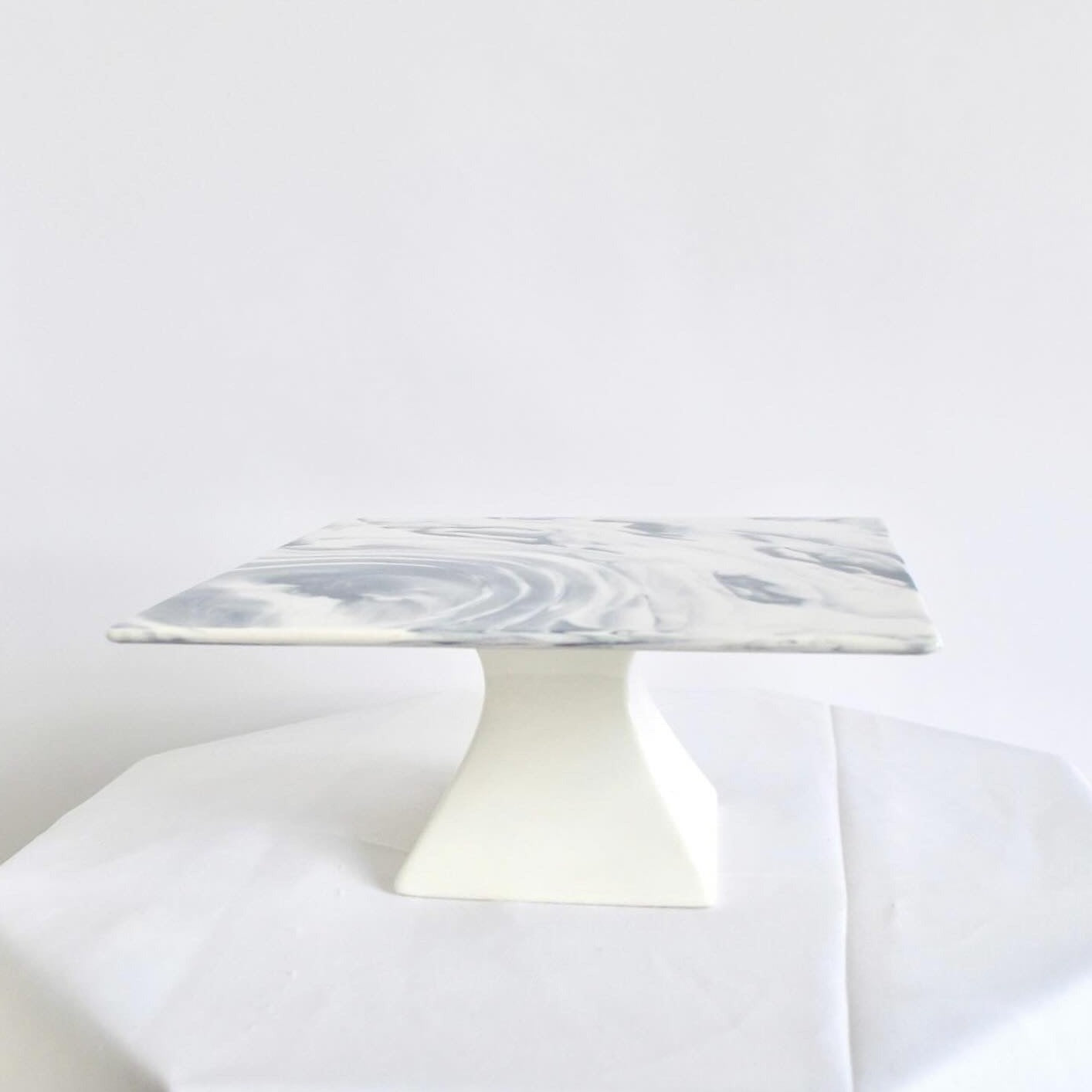 Blue + white marbled square cake stand